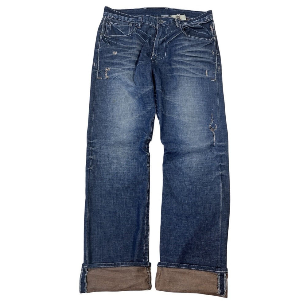 Vintage Monarchy Jeans Mens 36x37 Medium Wash Distressed Denim Whisker Fade Y2K